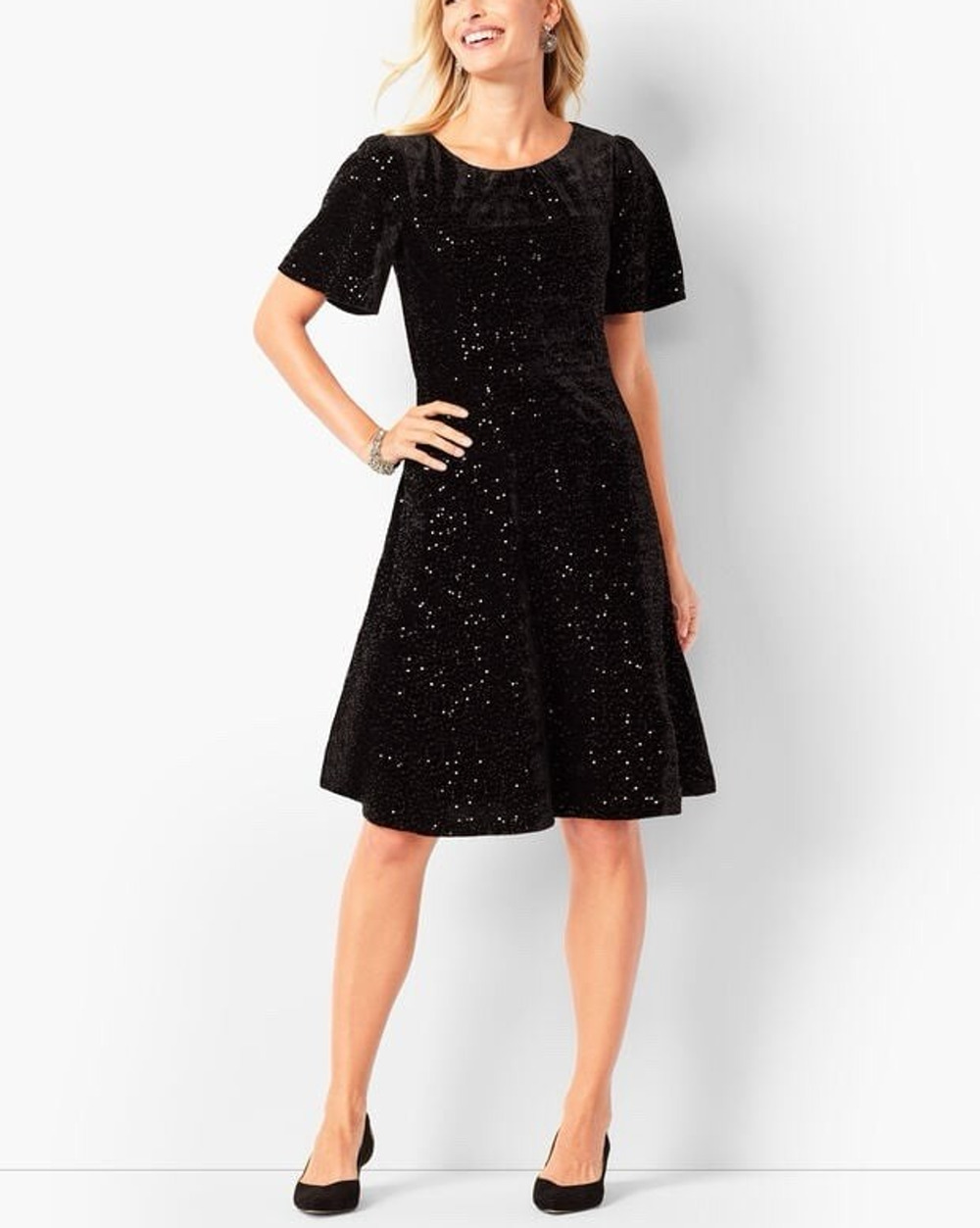 Talbots RSVP Velvet Sequined Fit & Flare Dress Women's Size 4 Black Short Sleeve